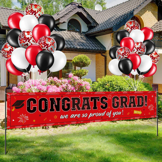 36Pcs Graduation Banner Balloon Party Decorations 2025, Congrats Grad Banner Yard Outdoor Decorations, Graduation Balloons for High School College Party Supplies, Red