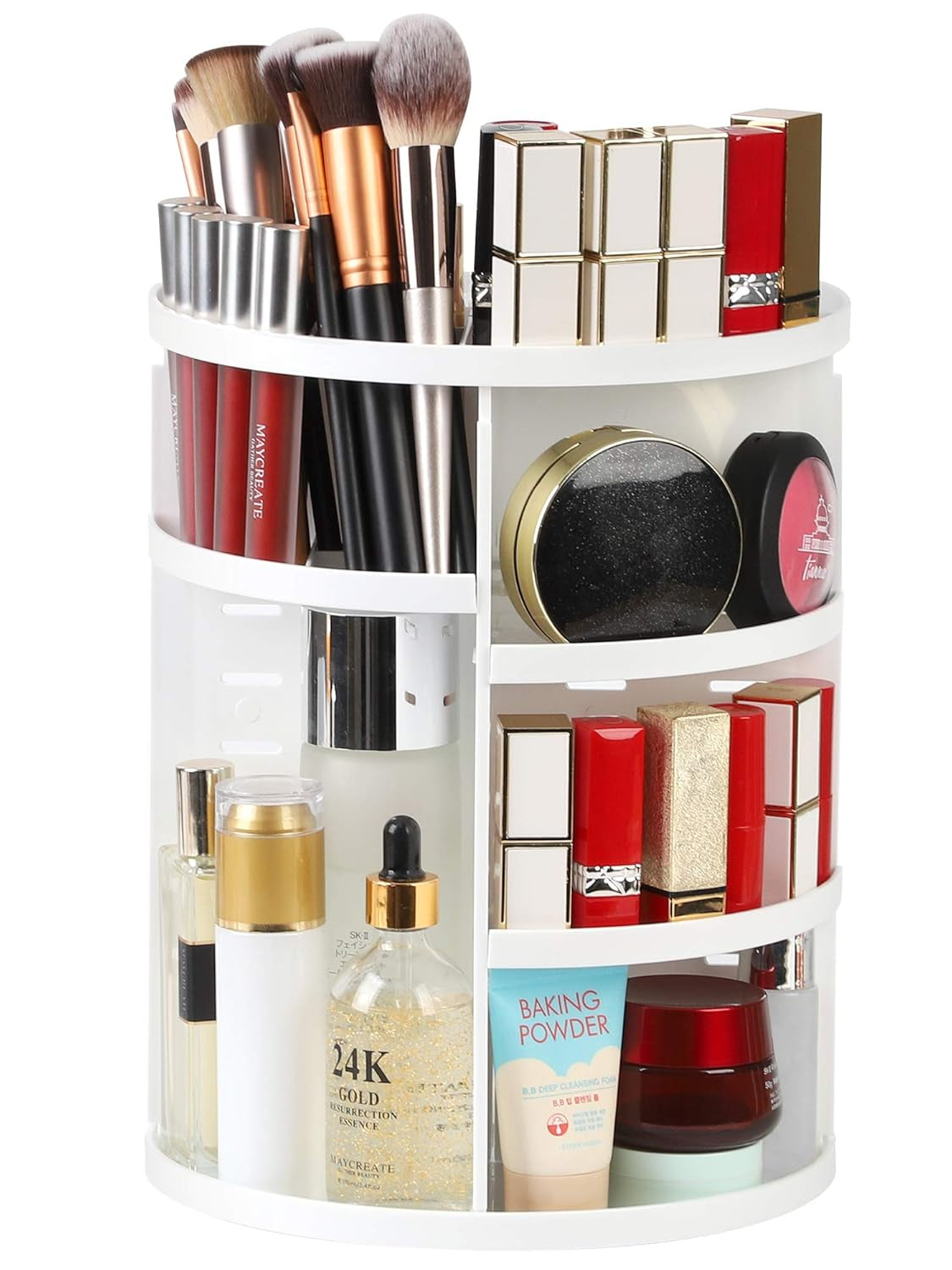 360 Rotating Makeup Organizer, DIY Adjustable Bathroom Makeup Carousel Spinning Holder Rack, Large Capacity Cosmetics Storage Box Vanity Shelf Countertop, Fits Makeup Brushes, Lipsticks, White