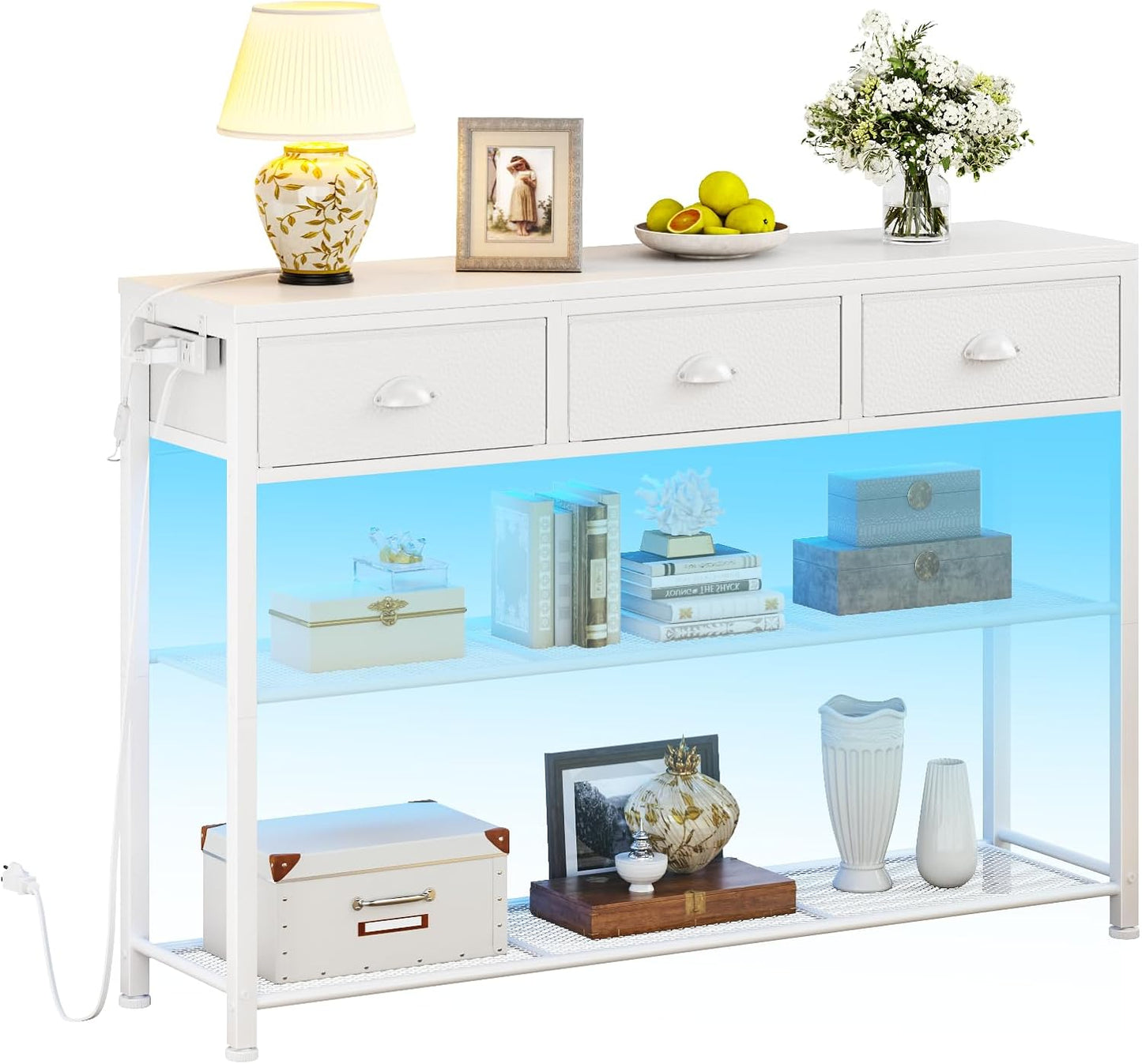 38In Console Table with 3 Drawers, Small Sofa Table with Lights and Power Outlets, Hallway Tables with 3-Tier Shelves, White Narrow Console Table for Entryway, Living Room, Couch, Foyer