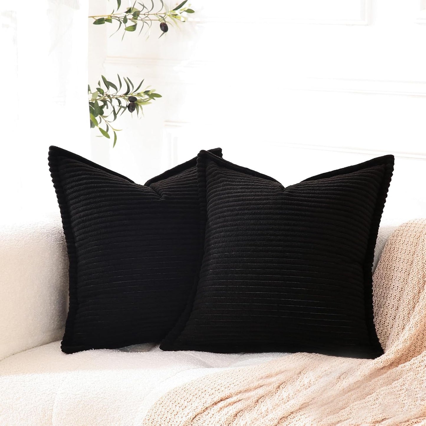 Corduroy Black Throw Pillow Covers Set of 2 Striped Boho Decorative with Edge Design,Super Soft Throw Pillow Cushion Covers for Couch Sofa Living Room Solid Square 18×18Inch/45Cm×45Cm