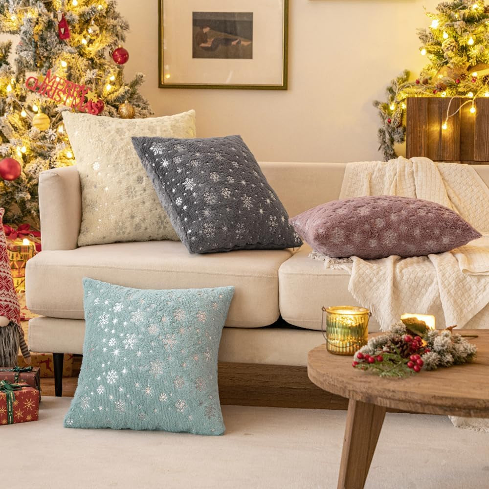 Set of 2 Christmas Decorative Throw Pillow Covers Soft Faux Fur Winter Pillow Covers with Silver Snowflake Glitter Holiday Festival Pillowcases for Couch Sofa Bed, 18×18Inch, Aqua Green