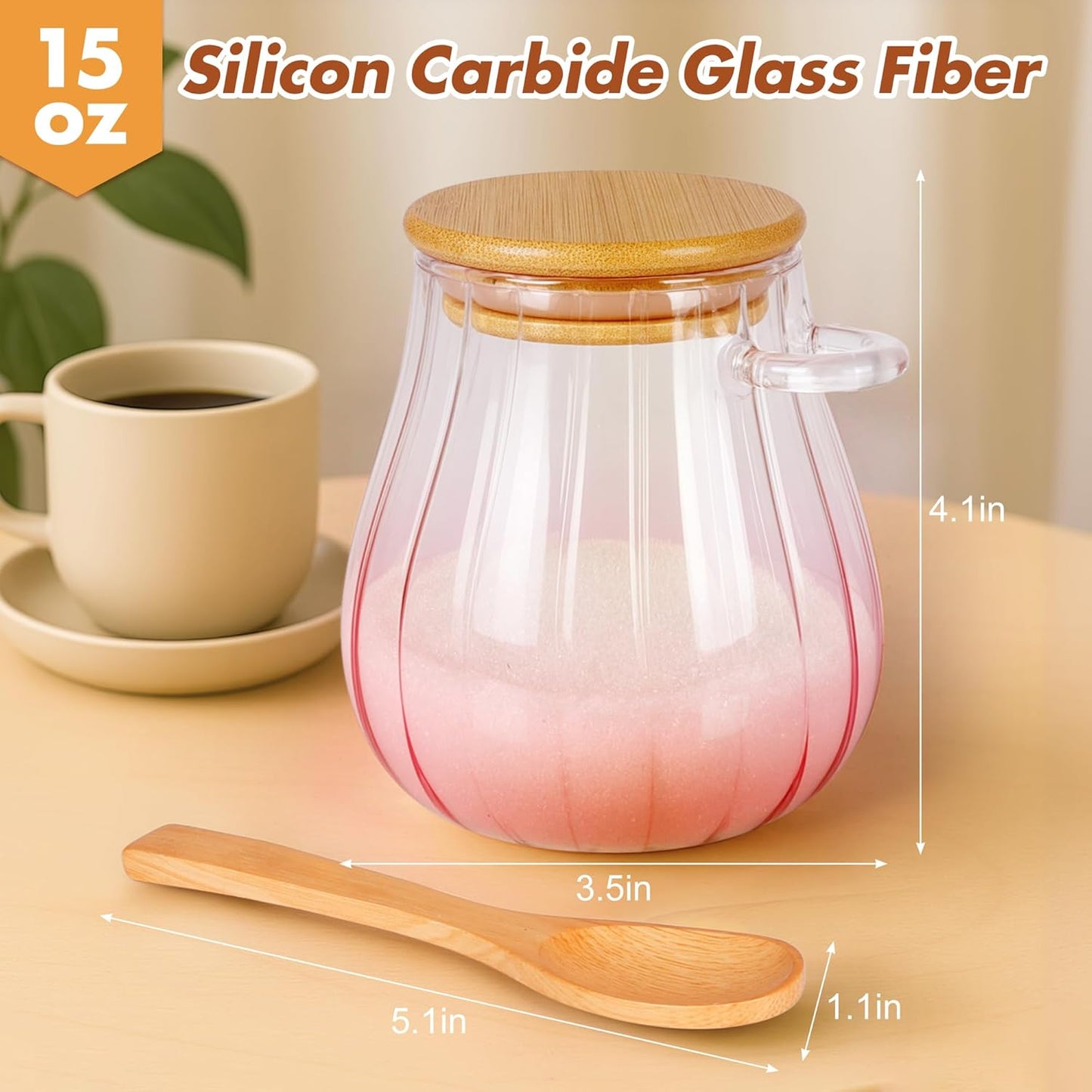 15 Oz Pink Sugar Bowl with Bamboo Lid and Spoon,Pink Kitchen Decor and Accessories,Glass Jar with Airtight Lid, Brown Sugar Keeper, Sugar Container for Coffee Bar and Office