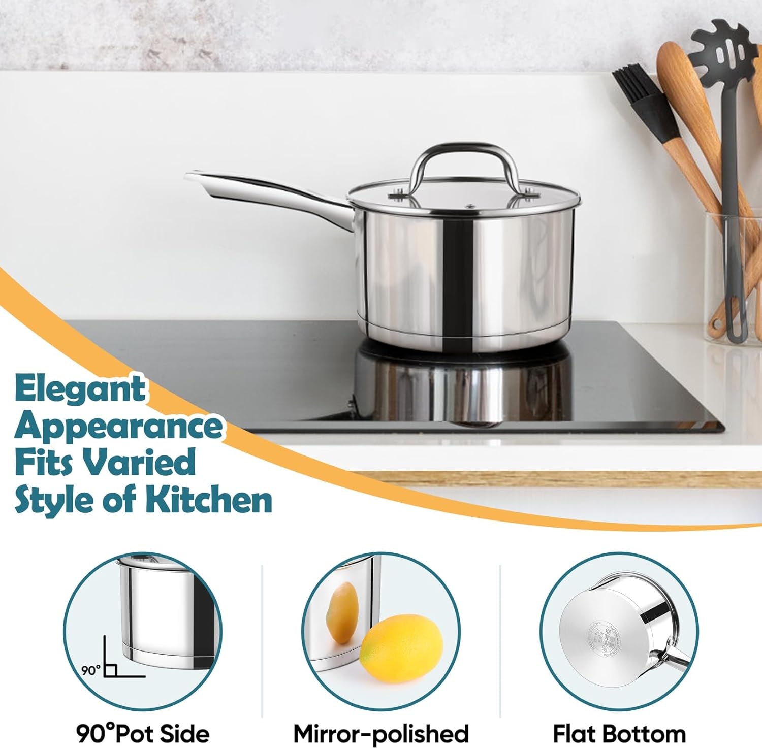 3 Quart Saucepan with Lid Set, Stainless Steel Small Cooking Pot Induction Sauce Pan for Pasta Soup, Ergonomic Handle & Tri-Ply Base, Dishwasher Safe, 1 Pan