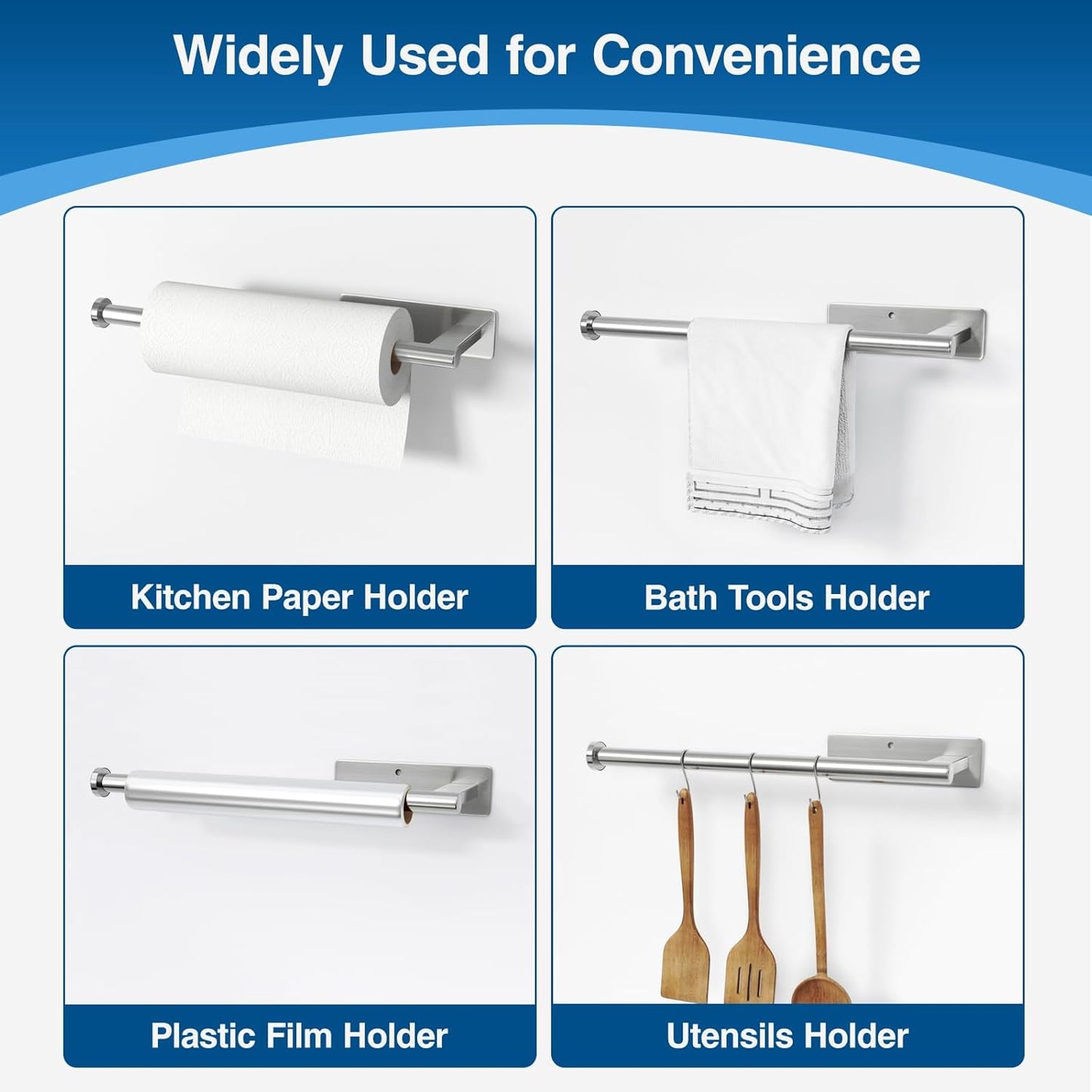 Paper Towel Holder under Cabinet - Stainless Steel Paper Towel Holder Wall Mount, Self-Adhesive or Drilling, Silver Towel Rack for Kitchen Organization and Storage, Kitchen Paper Roll Holder