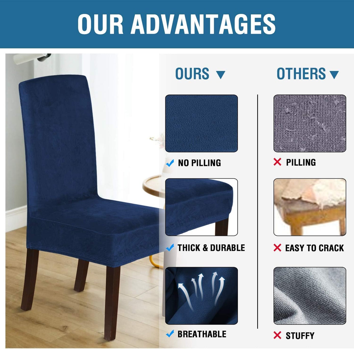 Velvet Dining Chair Covers Stretch Chair Covers for Dining Room Set of 2 Parson Chair Slipcovers Chair Protectors Covers Dining, Soft Thick Solid Velvet Fabric Washable, Navy