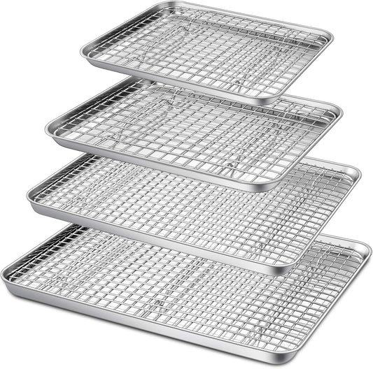 16 + 12.5 + 10.4 + 9 Inch Baking Sheet and Rack Set, Stainless Steel Cookie Sheets Oven Baking Pans Trays with Cooling Racks for Cooking & Roasting, Oven & Dishwasher Safe, (8Pcs)