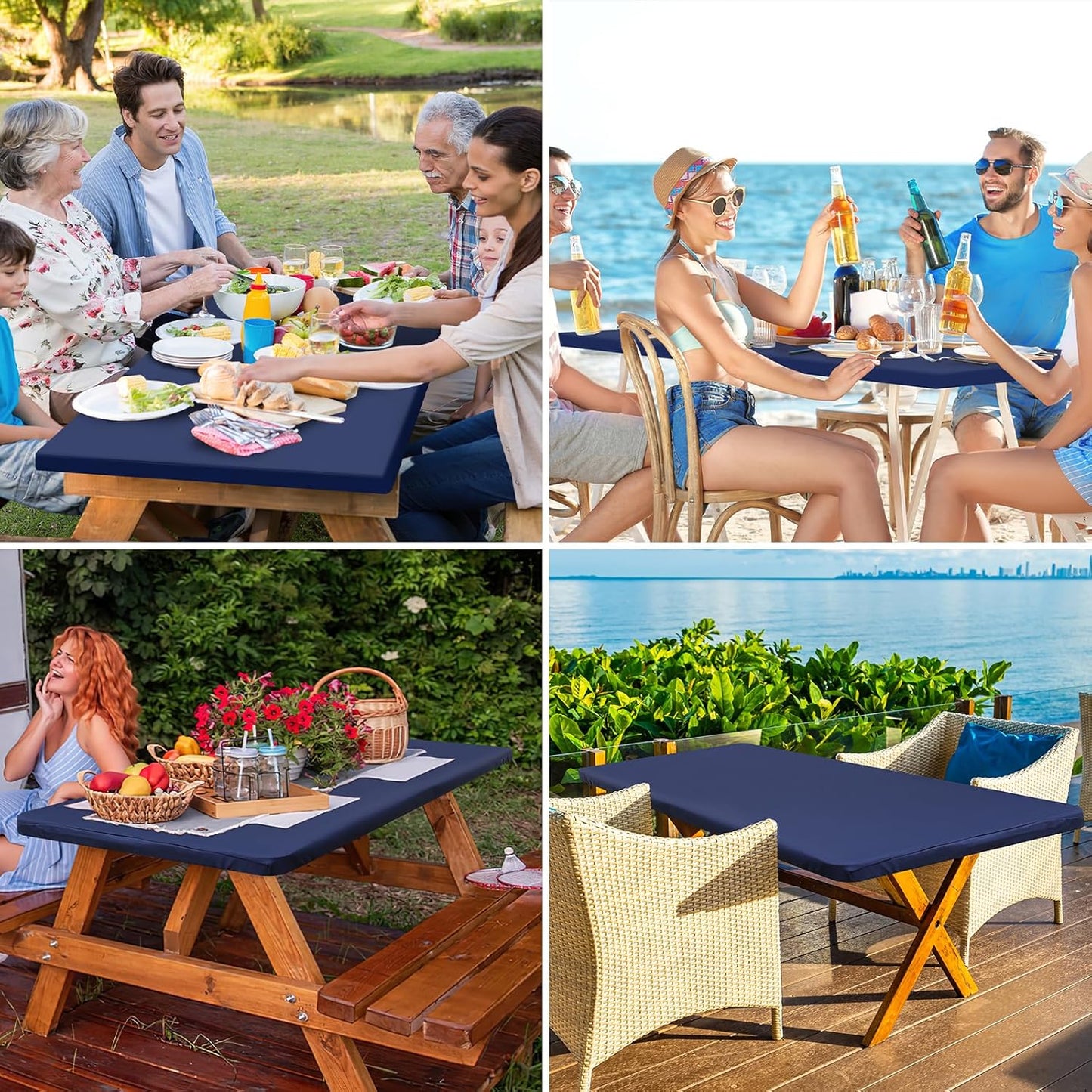Rectangle Table Cloth Cover, Waterproof Polyester Elastic Fitted Tablecloth, Fits for 6 Foot Folding Tables, Washable Table Protector for Picnic, Camping, Outdoor (Navy Blue, 30" X 72")