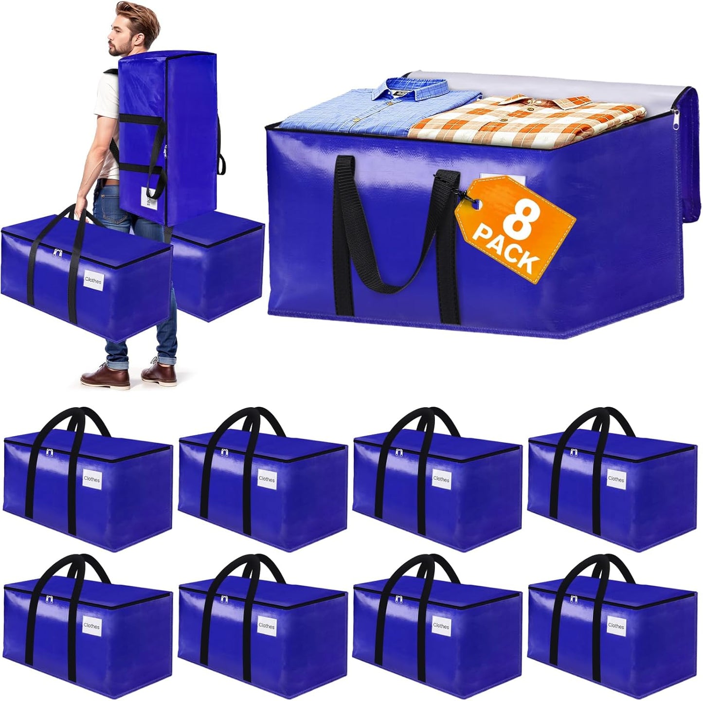8-Pack Moving Bags with Backpack Straps & Carry Handles, 25 Gallons-93 L Heavy Duty Storage Totes for Space Saving, Foldable Storage Bags for College Dorm, Travel, Camping (Blue)