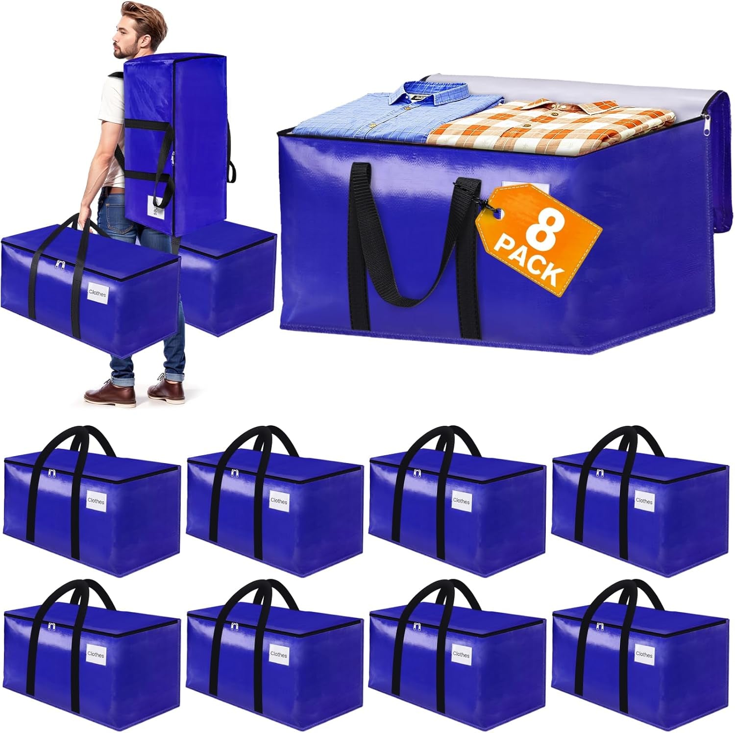 8-Pack Moving Bags with Backpack Straps & Carry Handles, 25 Gallons-93 L Heavy Duty Storage Totes for Space Saving, Foldable Storage Bags for College Dorm, Travel, Camping (Blue)