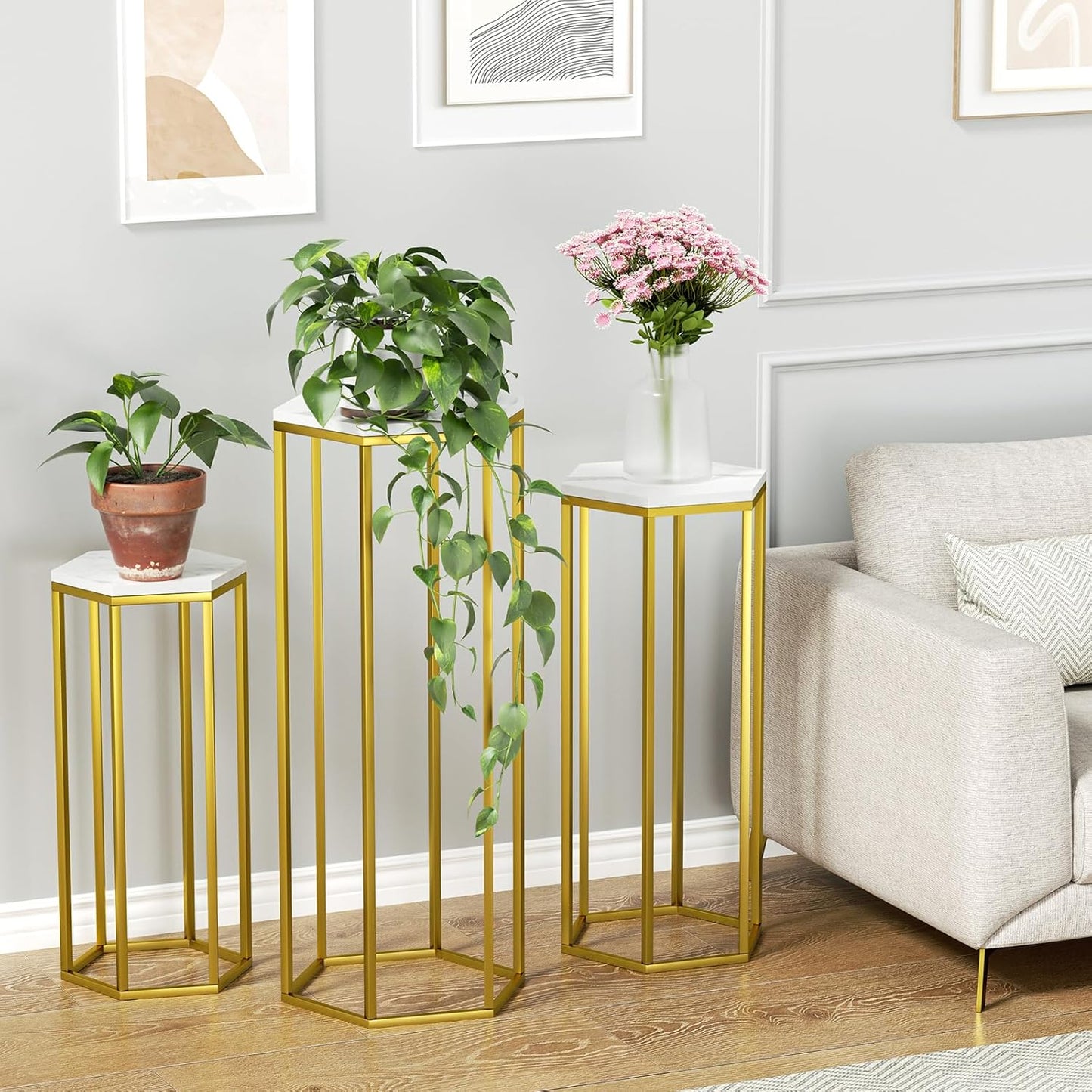 Cylinder Stands for Party, Set of 3 Gold Metal Hexagon Pedestal Stand with Marbled Countertop, Cake Flower Plant Pedestal Stands for Display Parties Wedding Birthday Decor, 3PCS, Gold