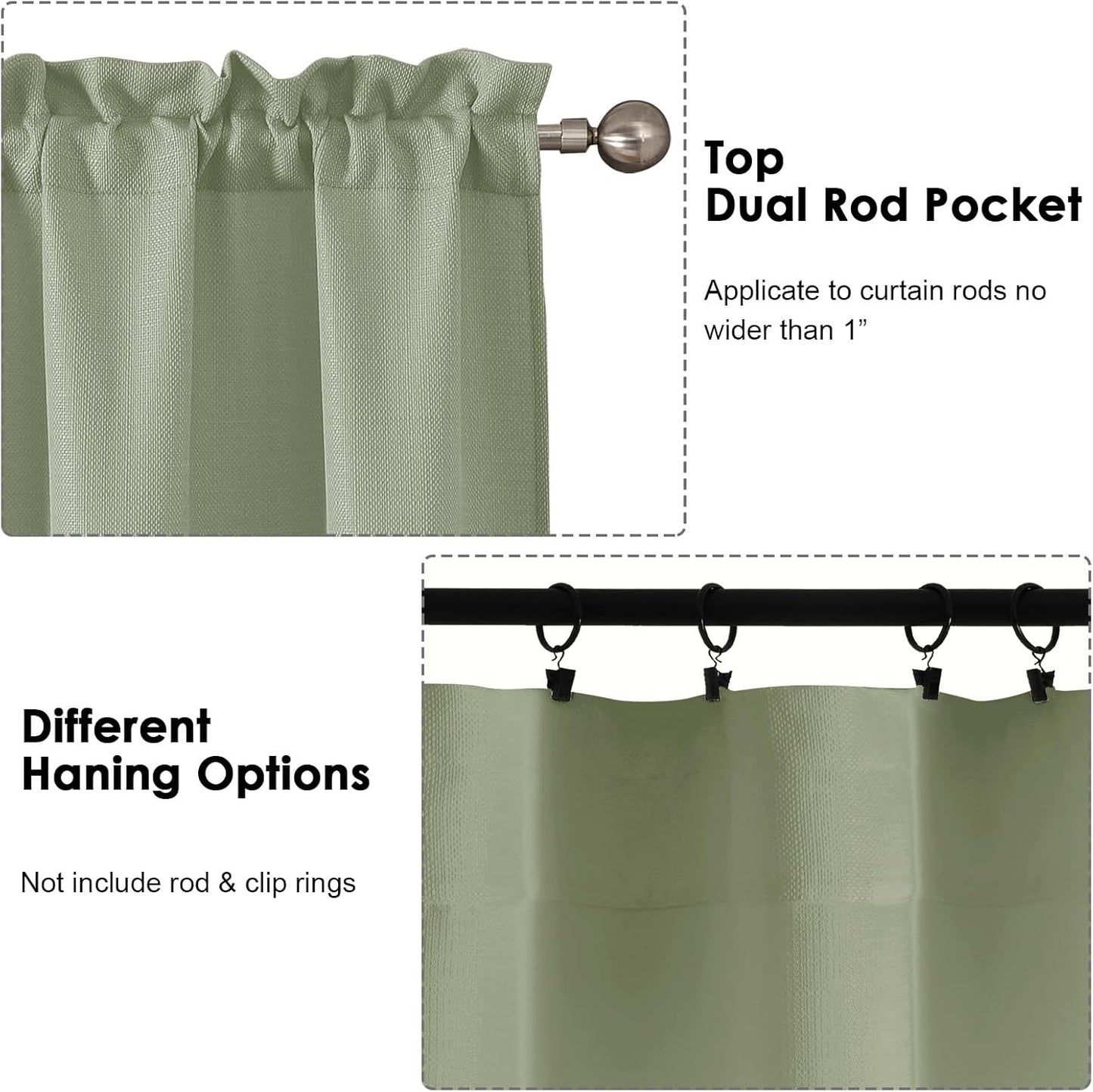 Bob 2 Panels Sage Green Kitchen Curtains Sets for Windows 36 Inch Length, Faux Linen Textured Short Cafe Curtains Tiers for Kitchen, Rod Pocket Small Window Drapes for Bathroom, 30Wx36L Inch