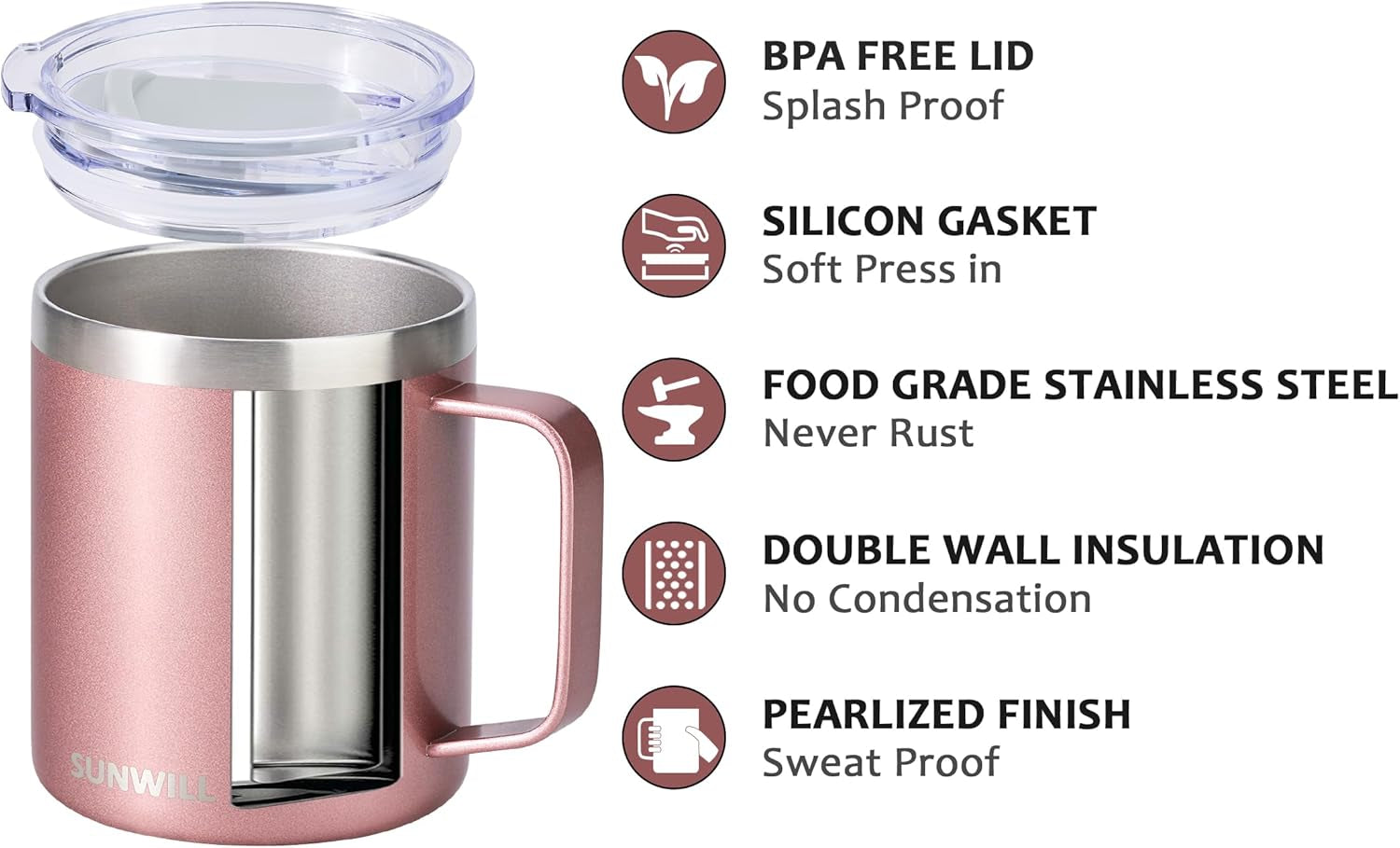 Travel Coffee Mug with Lid, Insulated Tumbler with Handle, 14 Oz Stainless Steel Cup for Ice, Water, Tea, Rose Gold