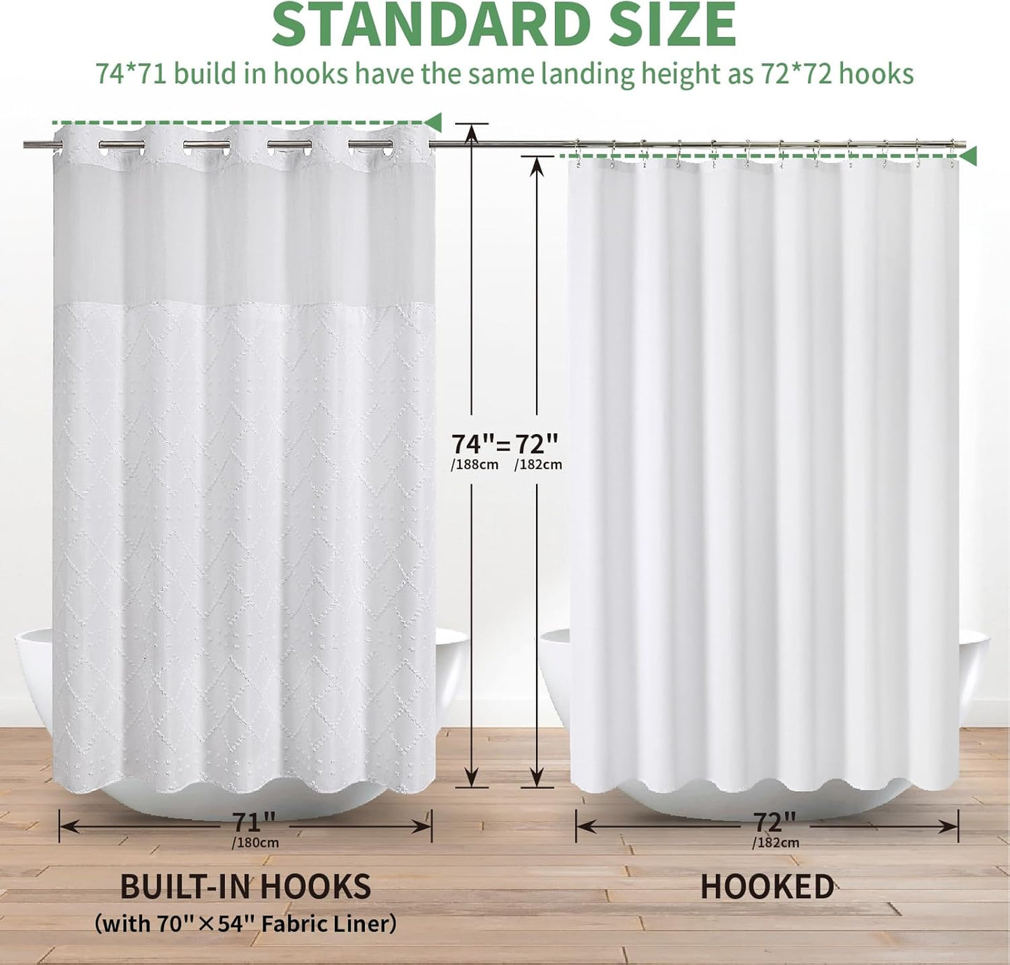 White No Hook Shower Curtain with Fabric Snap in Liner Set, Boho Tufted Chevron Striped Shabby Chic Textured Shower Curtain with a Mash Top Window, Hotel Decor, 71" W X 74" L