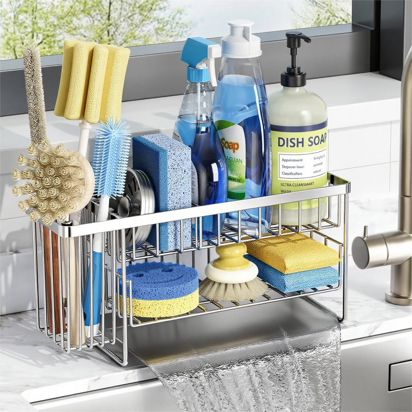 Silver 2-Tier Kitchen Sink Caddy Organzier Rack with Flexible Dish Brush Holder, Sponge Holder for Kitchen Sink Countertop Organization Storage,Home Decor Stainless Steel