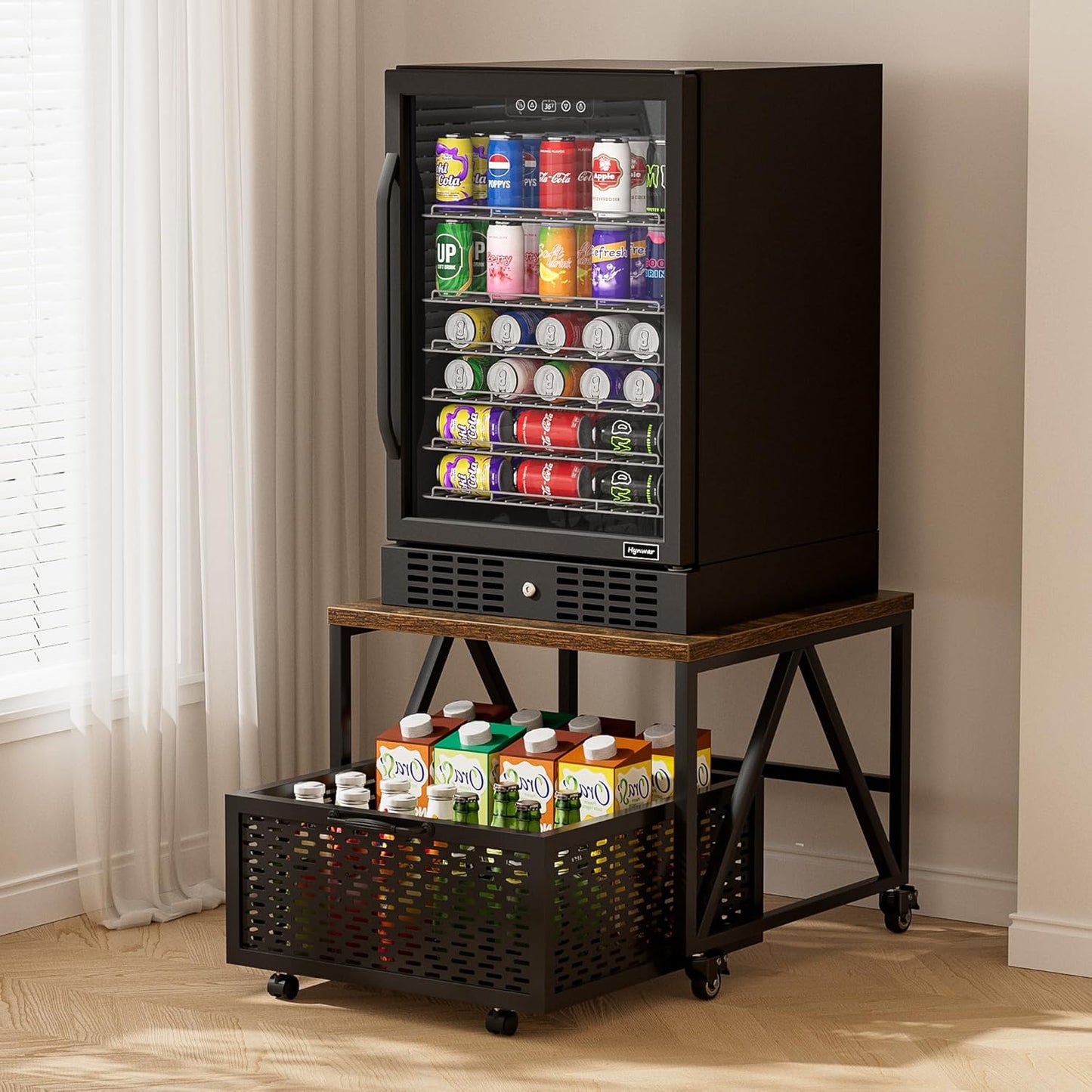 Mini Fridge Stand with Storage, Heavy Duty Fridge Cart with Drawer Basket, Mini Refrigerator Table for 220 LBS, Mobile Fridge Stand with Swivel Wheels for Dorm,Office,Home,Retro Brown