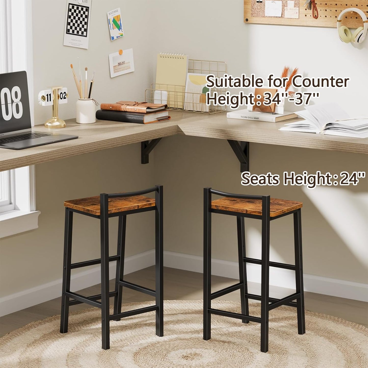 Adjustable Barstools, Bar Stools Set of 2, 24" Counter Height Stools, Modern Bar Stool with Footrest, Bar Chairs for Bar, Kitchen Lsland, Dining Room, Brown