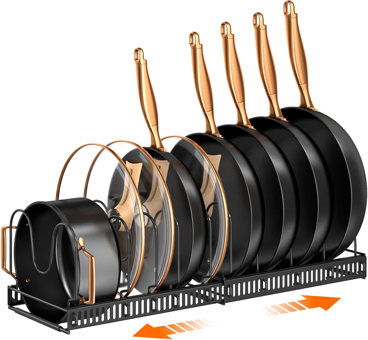 Pots and Pans Organizer Rack for under Cabinet, Expandable 11.71''-22.85'' Pot Lid Kitchen Cabinet Organizer Holder with 10 Adjustable Compartment Cutting Board Organizer for Pan Lid, Bakeware