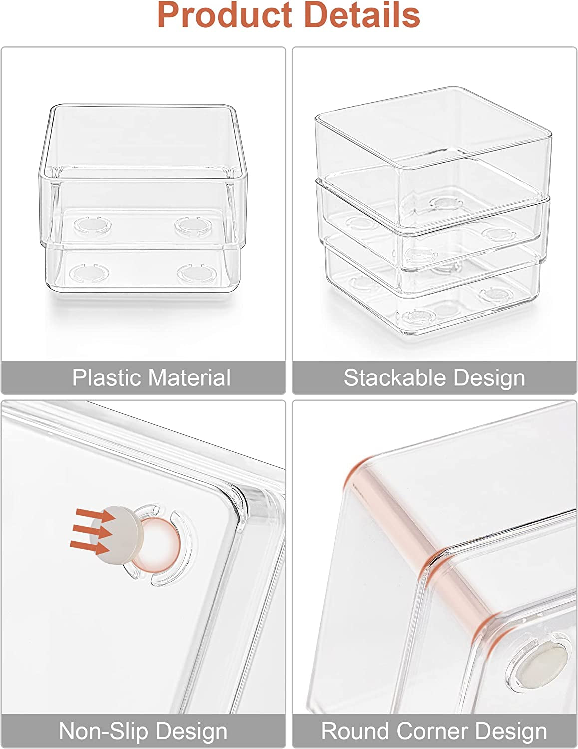 16-Piece Drawer Organizer with Non-Slip Silicone Pads, 5-Size Desk Storage Tray for Makeup, Jewelries, Utensils in Bedroom Dresser, Office and Kitchen, Clear