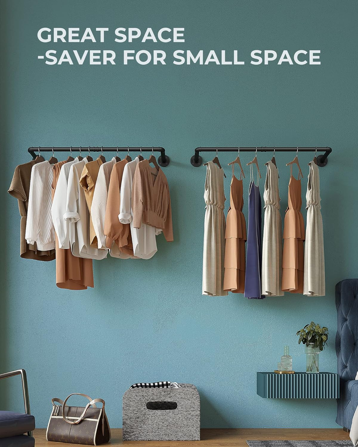 Industrial Pipe Clothes Rack Wall Mounted Set of 2, 38.4 Inches Heavy Duty Iron Pipe Clothing Garment Rail, Multi-Purpose Clothing Hanging Rod for Laundry Room and Closet Storage