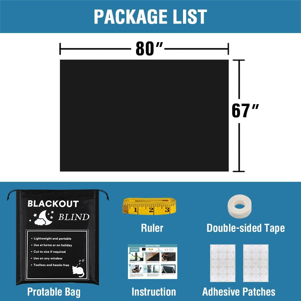 Portable Blackout Curtains for Bedroom 80" X 67", 100% Blackout Blind Curtain for Window No Drill Blackout Roller Shades with Thermal Insulated for Living Room Cut to Any Size, Black