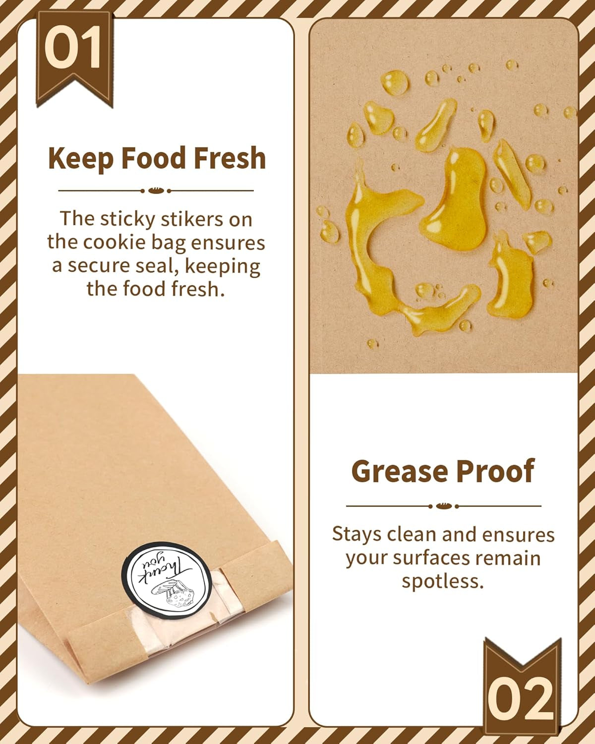 50 PCS Cookie Bags with Seal, 3.5"X 2.3"X7.5" Kraft Brown Paper Bags with Stickers, Bakery Bag for Snack, Cupcake, Coffee Bean, Party Favor, Cookie Packaging,