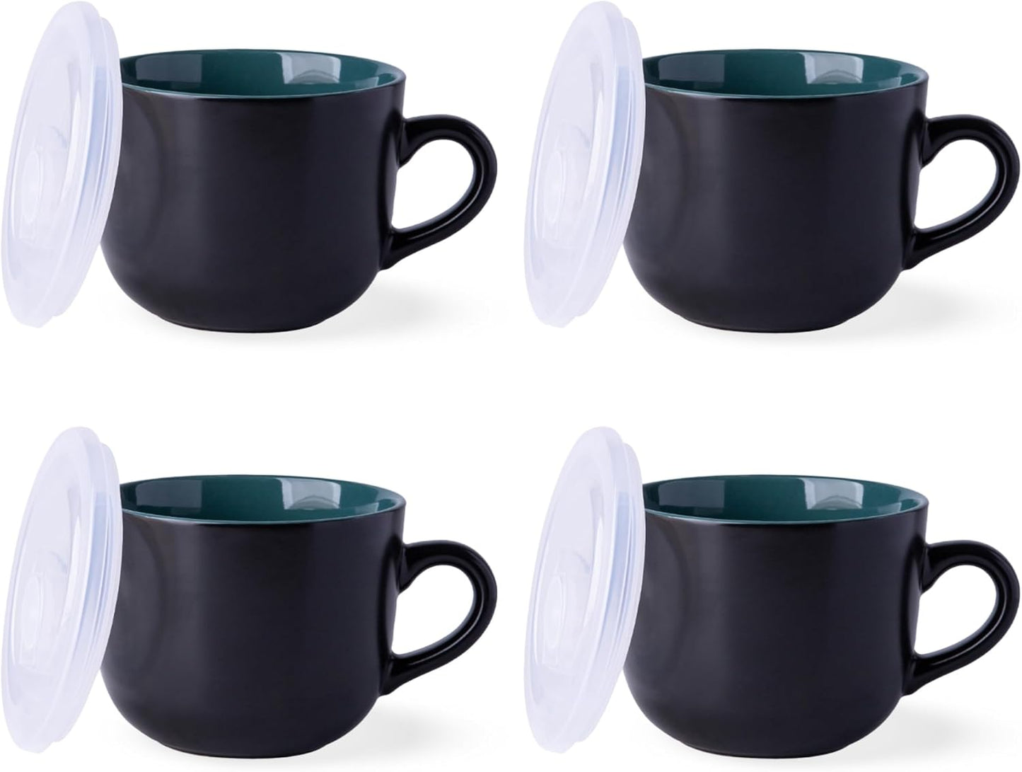 Ceramic Soup Mugs with Vented Lids, 24 Oz Capacity, Set of 4 in Green - Versatile for Soup, Coffee, Cereal, Salad, Noodles, and Tea, Microwave and Dishwasher Safe
