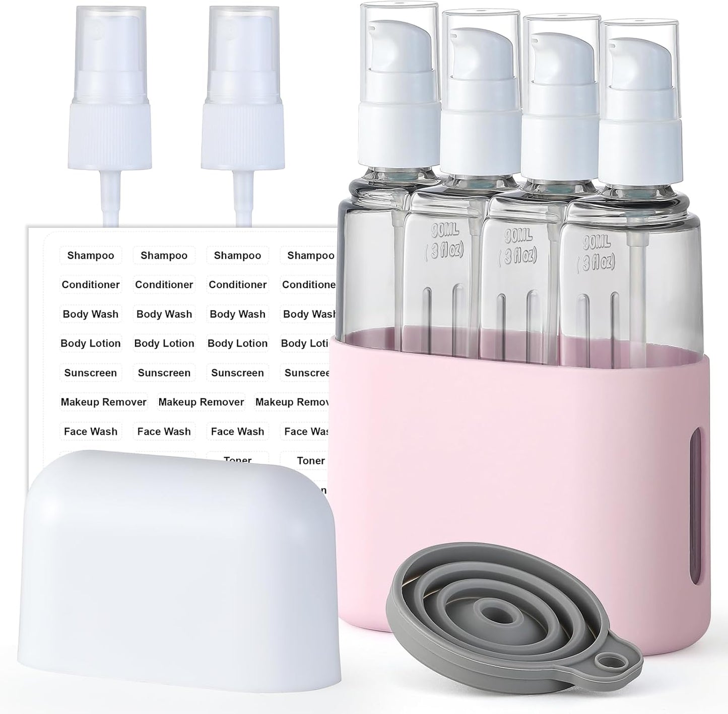 3Oz Travel Bottles for Toiletries, 4 Pack Tsa Approved Portable Travel Size Containers for Shampoo Liquid with Labels, Leak Proof Refillable Containers Dispenser Set - Pink