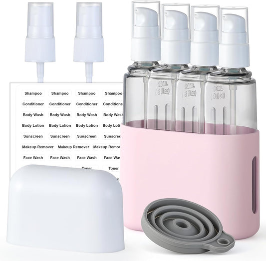 3Oz Travel Bottles for Toiletries, 4 Pack Tsa Approved Portable Travel Size Containers for Shampoo Liquid with Labels, Leak Proof Refillable Containers Dispenser Set - Pink