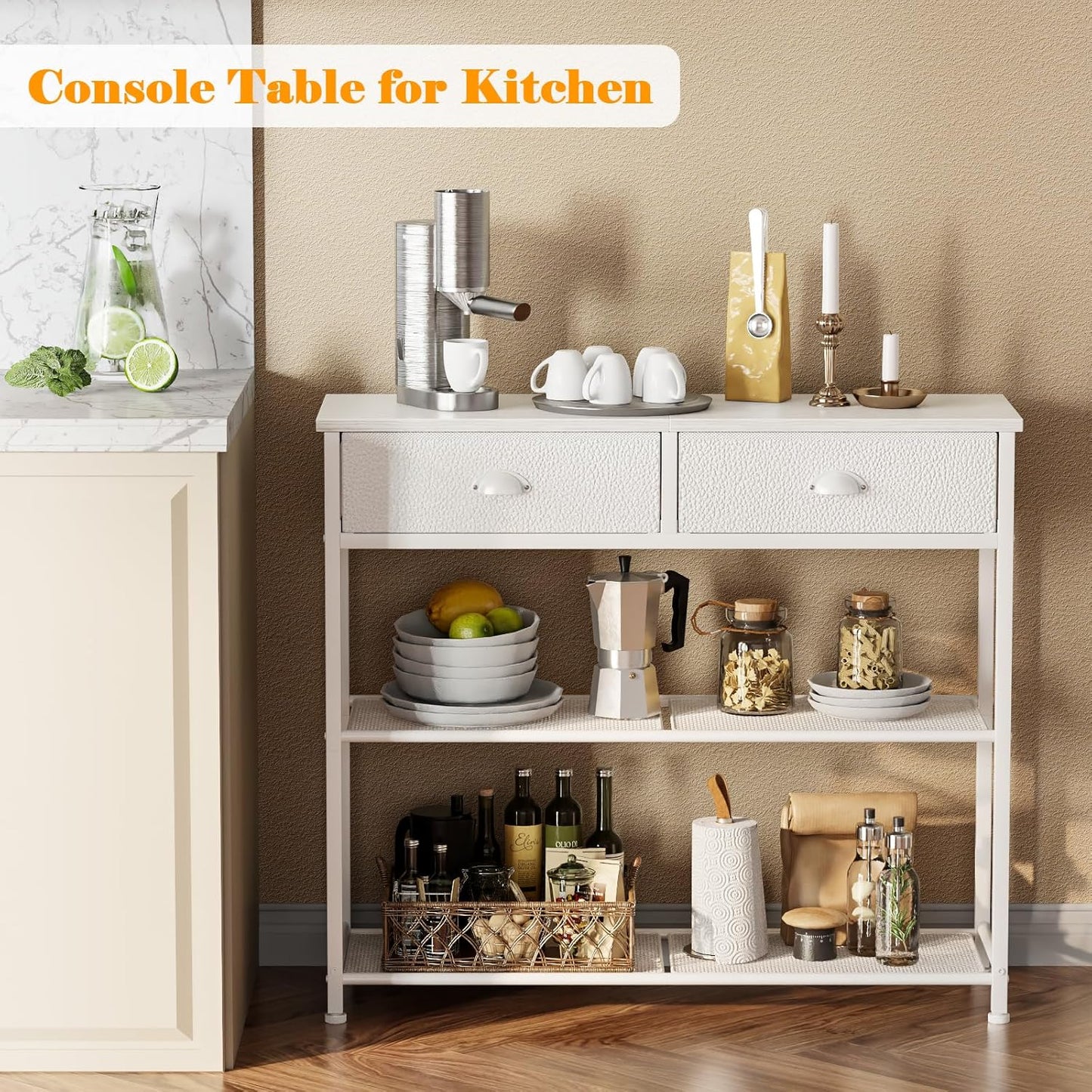 30'' Entryway Table, White Console Table with Storage, Narrow Sofa Table with 2 Drawers and 2 Shelves for Hallway, Living Room, Bedroom, Foyer, Couch, Tv