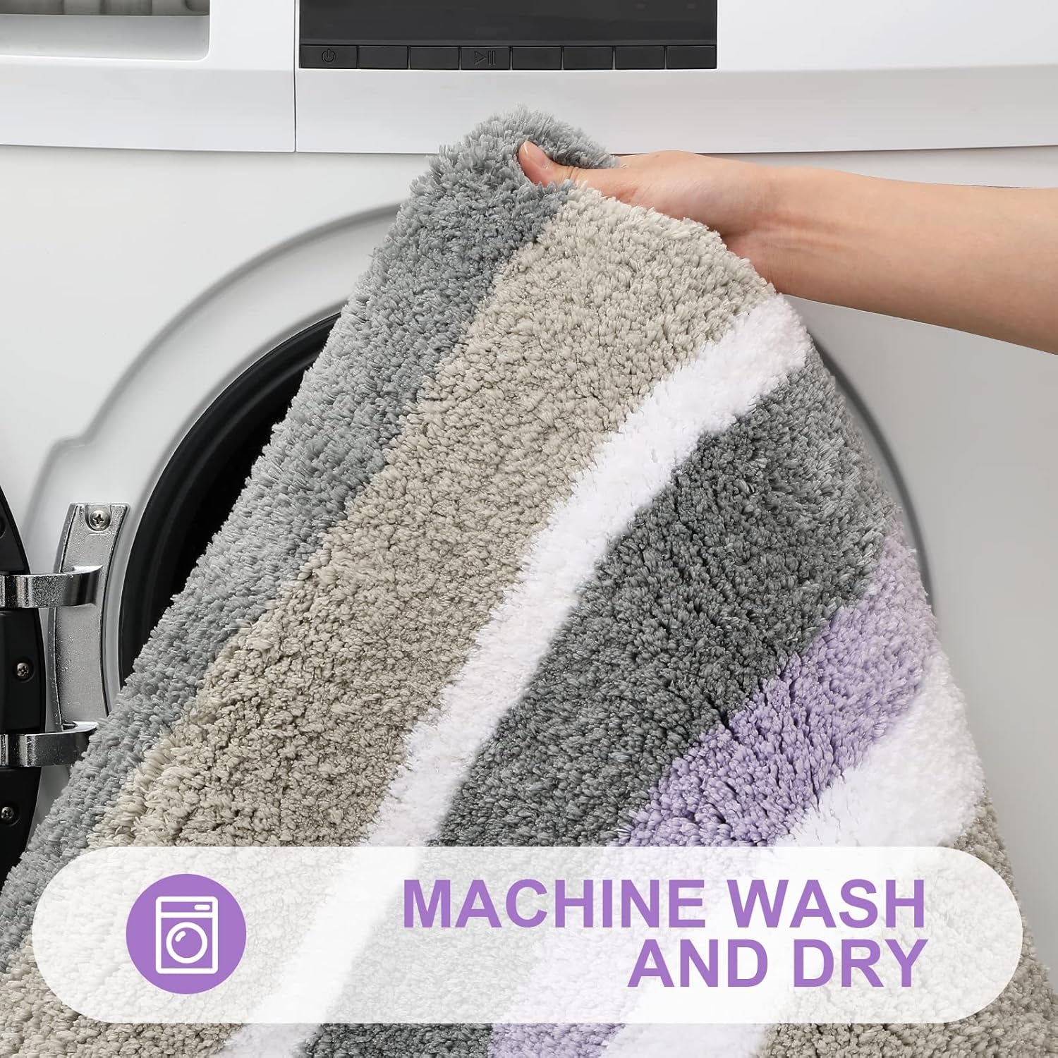 Microfiber Striped Bathroom Rugs Bath Mat, Extra Thick, Soft and Shaggy, Absorbent, Machine Washable, Bath Rugs for Bathroom, Tub and Shower, 24X16 Inches, Purple-Grey