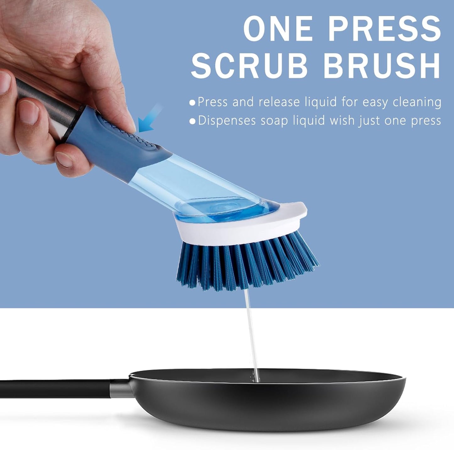 Dish Brush with Soap Dispenser Dish Scrubber with 4 Replaceable Heads Kitchen Dish Scrub Brush with Stainless Steel Handle Dish Cleaning Brush Dish Wand for Dishes, Pots…