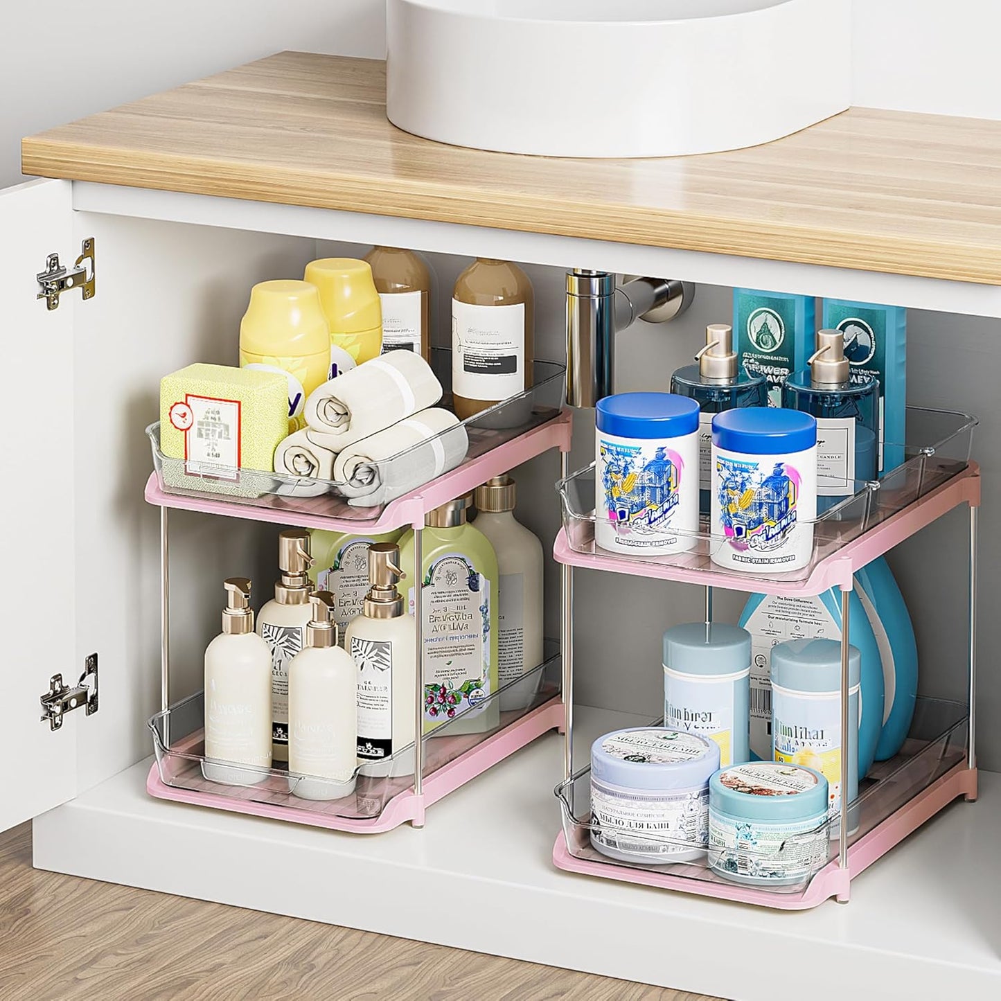 2 Sets of 2-Tier Multi-Purpose Bathroom under Sink Organizers and Storage, Stackable Kitchen Pantry Organization, Pull Out Medicine Cabinet Organizer with 8 Movable Dividers, Pink