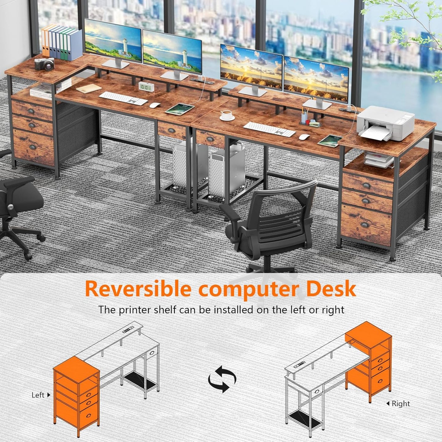 60" Computer Desk with 4 Drawers and Printer Space, Gaming Desk with LED Lights and USB Power Outlets, Office Desk with Fabric File Cabinet, Work Table with Shelf for Bedroom, Rustic Brown