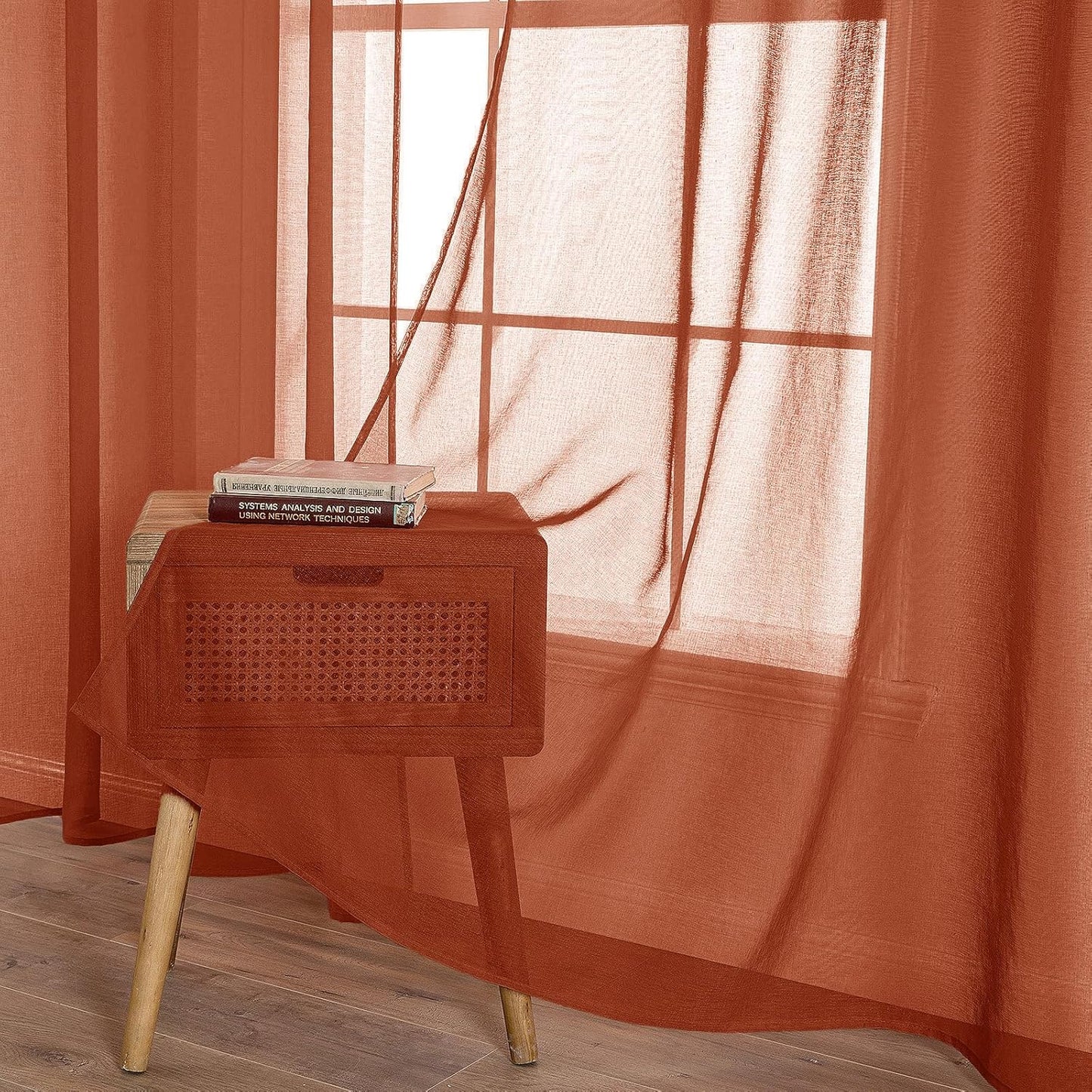 Terracotta Linen Textured Sheer Curtains 2 Panels for Kitchen/Bedroom/Living Room Semi Transparent Voile Drapes Rust Boho Farmhouse Fall Decor Window Panels Rod Pocket, W 54 X L 54 Inches Long