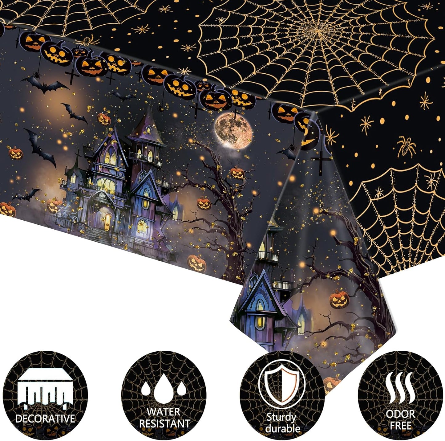 3 Packs Black Halloween Tablecloth 54 X 108 Inches Scary Castle Ghost Pumpkin Table Cloth Disposable Waterproof Plastic Bat Gold Spider Web Table Cover Trick or Treat for Halloween Party Dining