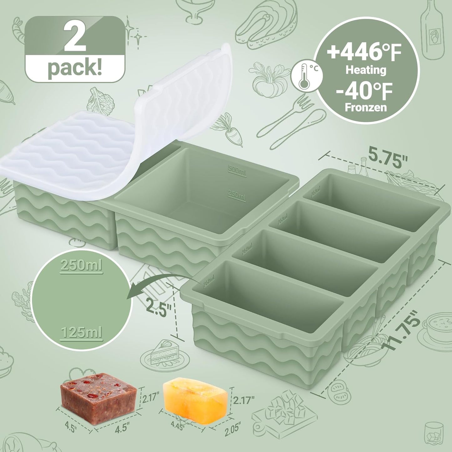 Silicone Freezer Molds for Soup with Lid, 1-Cup & 2-Cup Large Ice Cube Trays Food Storage Containers for Meal Prep, Freeze 250Ml/125Ml Portions – 2 Pack