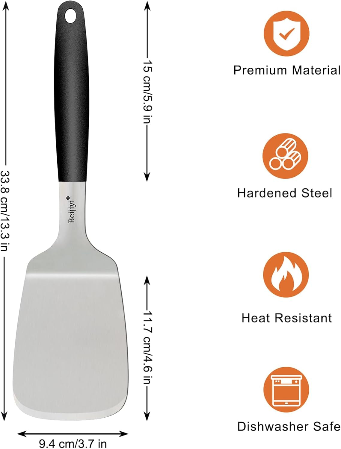 Metal Spatula for Cast Iron Skillet and Flat Top Grills, 1.5 Mm Thick Stainless Steel Cooking Turner with Full Tang Silicone Handle, Smash Burger Spatula, Egg and Pancake Flipper, 3.7 in Wide