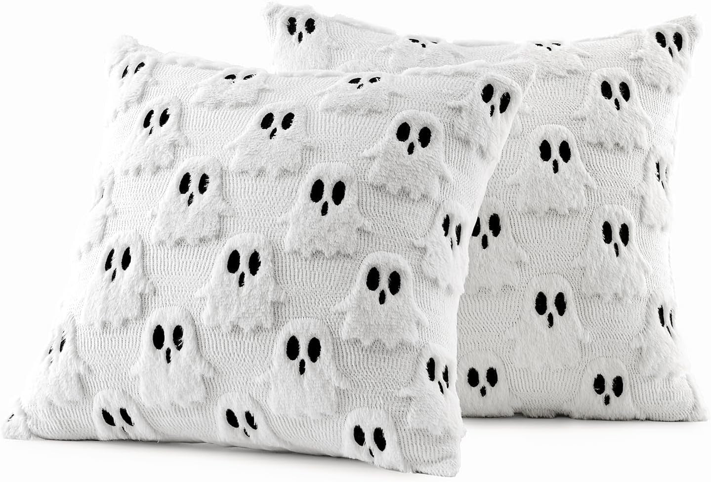 Halloween Pillow Covers Set of 2 White Ghost Decorative Soft Throw Pillows Plush Faux Fur Wool Couch Cushion Case for Fall Decor Chair Sofa Bedroom Living Room 18X18 Inch