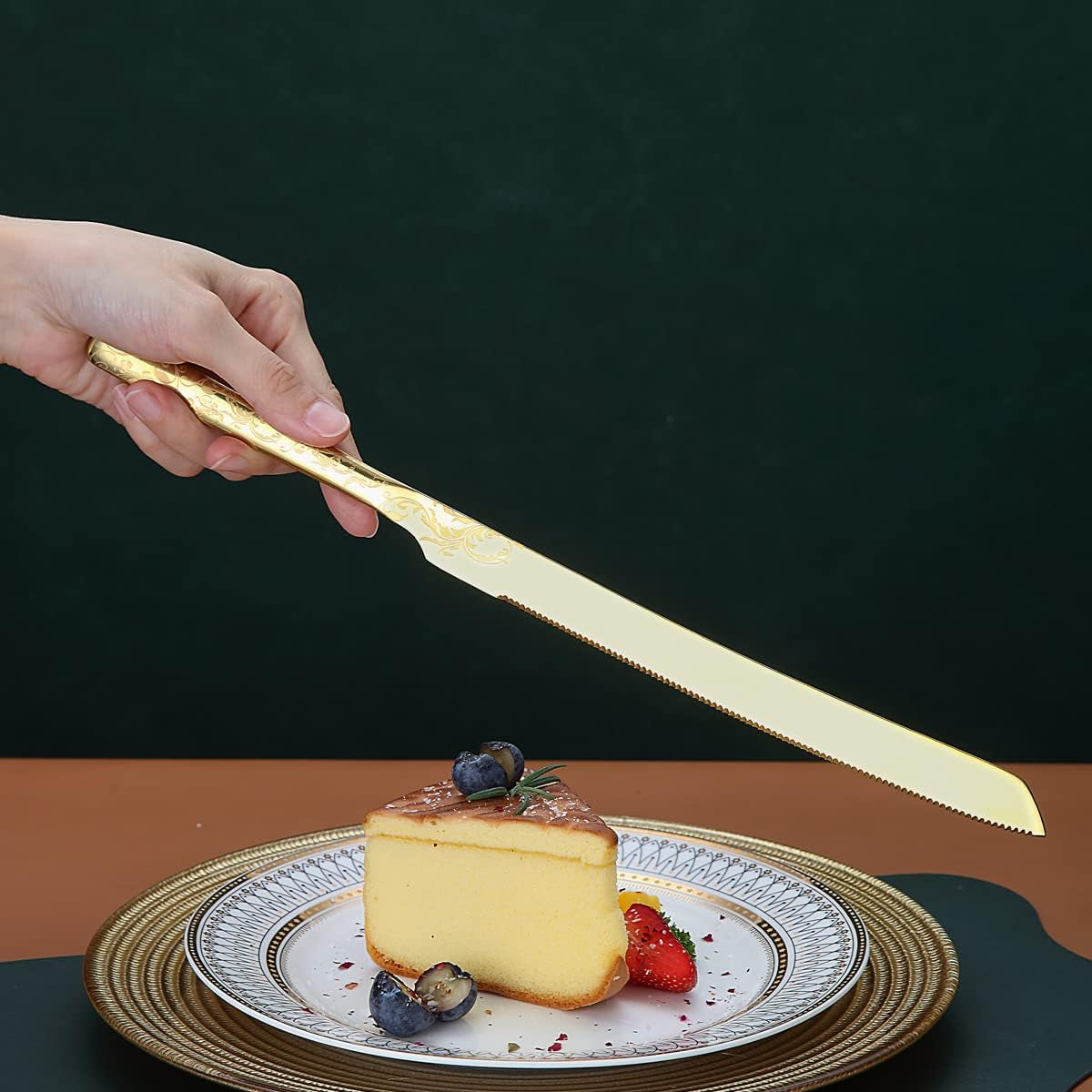 Gold Plated Wedding Cake Knife and Server Set with Unique Pattern Design - Ideal for Weddings, Birthdays, and Special Events - Dishwasher Safe