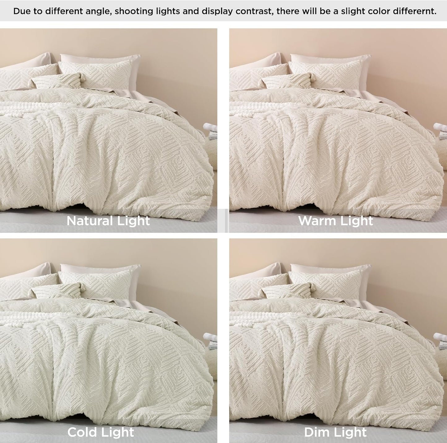 King Size Comforter Set Beige, 3 Pieces Cream Tufted Boho Farmhouse Bedding Comforter Sets, Lightweight Fluffy Comforter Bed Set for All Season (104X90In Comforter and 2 Pillowcases)