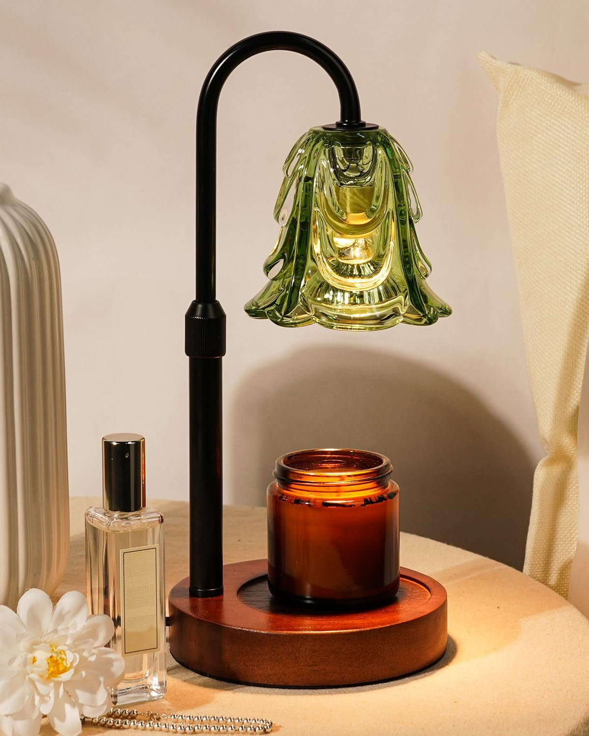 Small Candle Warmer Lamp with Timer, Adjustable Green Lamp Warmer for Jar Candles, Unique Women Gifts for Birthday, Dimmable Candle Heater, House Warming Gifts, Cute Wax Warming Light with Wood Base