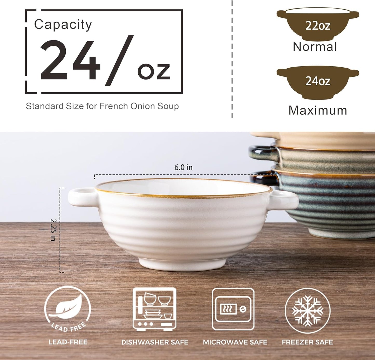 Ceramic Soup Bowls Set with Double Handles, 24 OZ Capacity, Ideal for Soup, Cereal, Stew, Salad, Noodles, and Ramen, Microwave and Dishwasher Safe, Set of 4