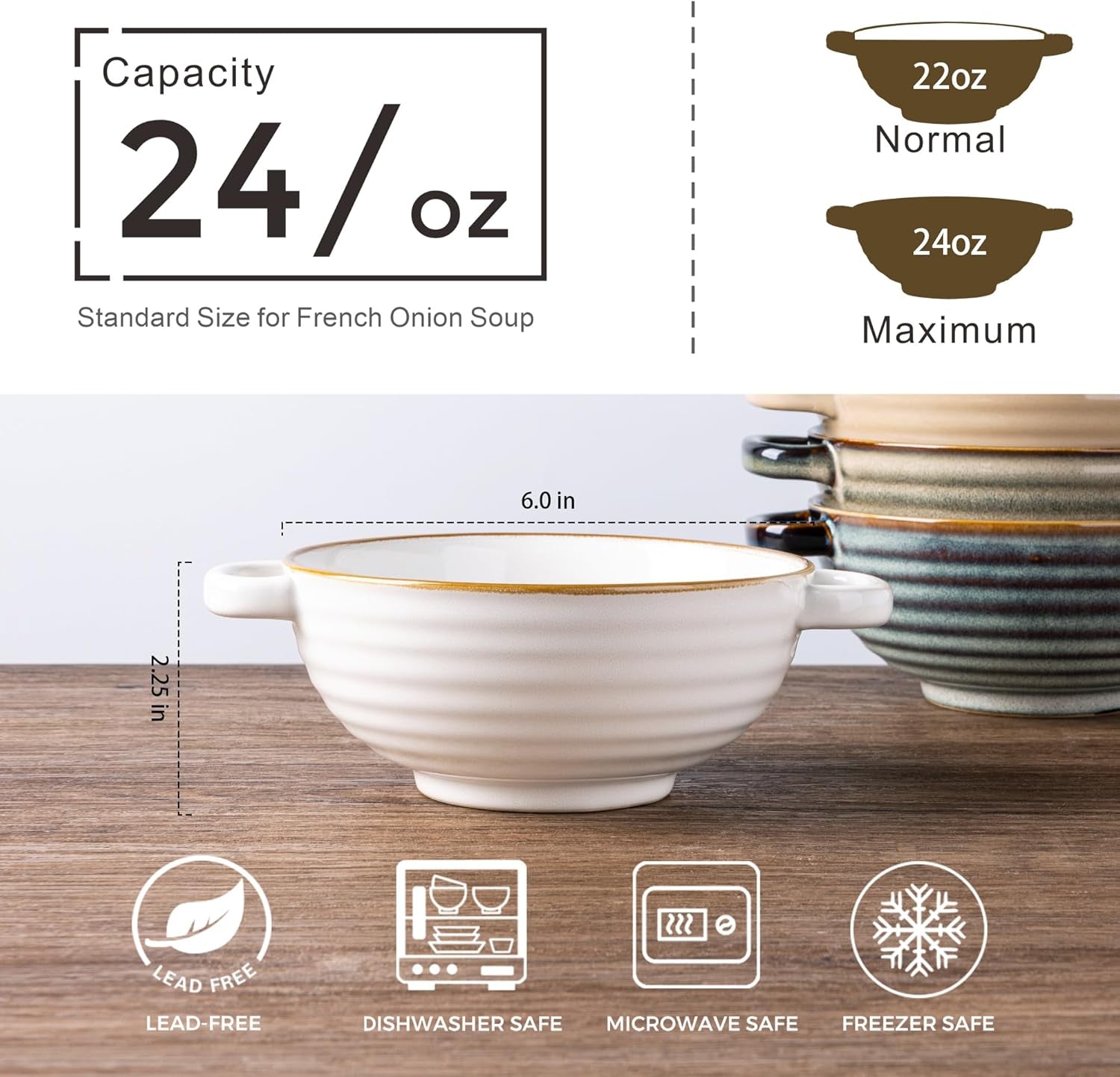 Ceramic Soup Bowls Set with Double Handles, 24 OZ Capacity, Ideal for Soup, Cereal, Stew, Salad, Noodles, and Ramen, Microwave and Dishwasher Safe, Set of 4