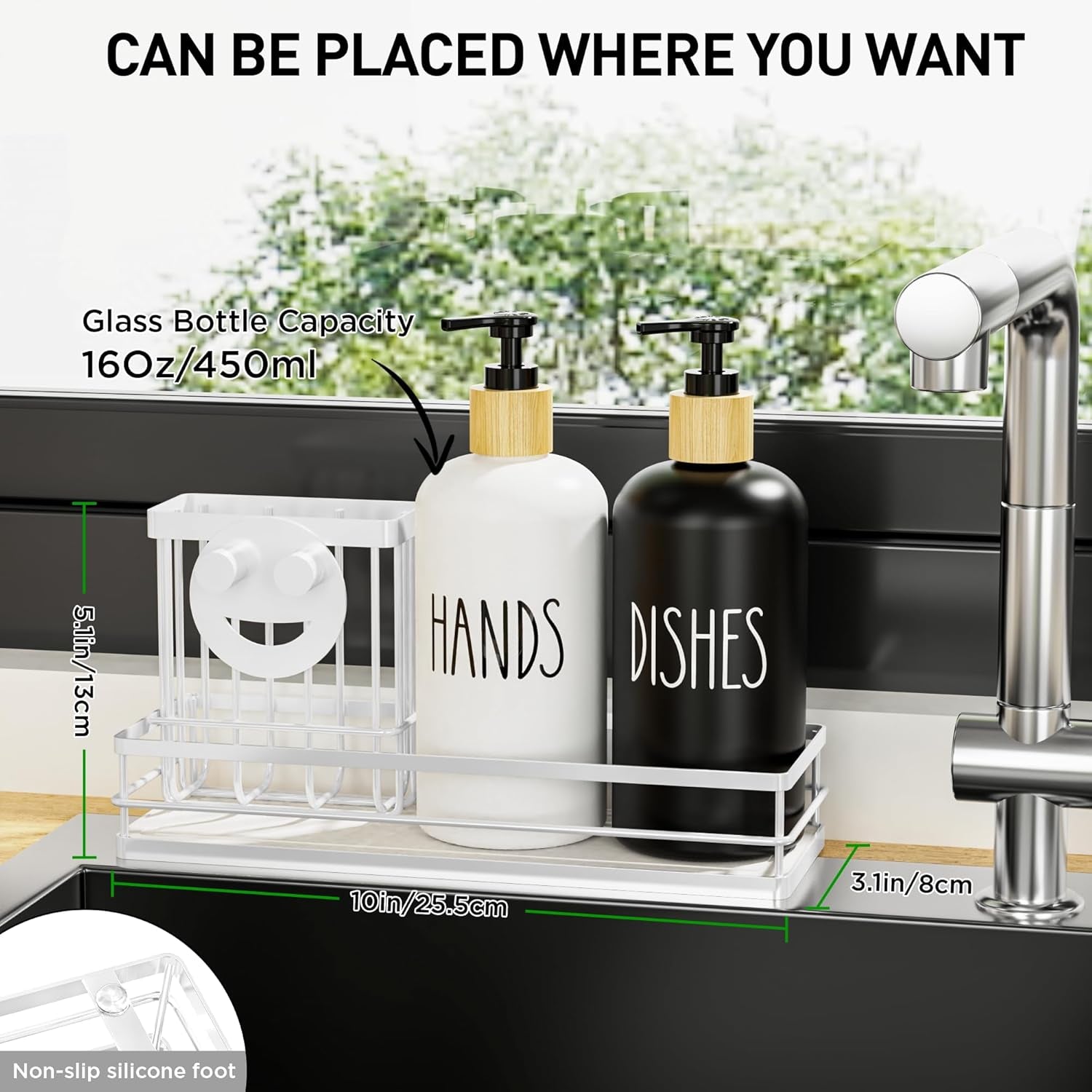 Kitchen Dish Soap Dispenser Set, 16OZ Glass Bottle, Hand and Dish Soap Dispenser Set, Instant Dry Tray, Non-Slip Silicone Pad, Brush Holder with Smiley Face Sponge Holder, Kitchen Decor