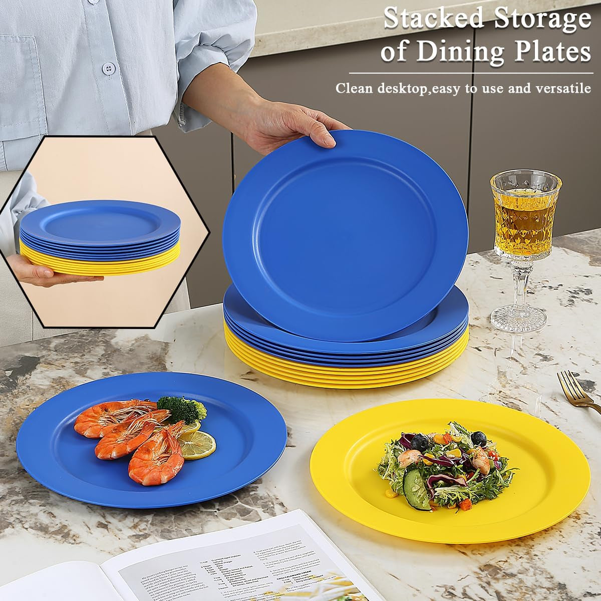12-Piece Set of 10" Reusable and Unbreakable Plastic Dinner Plates, Salad Plates, and Pasta Bowls - Ideal for Home, Garden, Picnics, and Camping