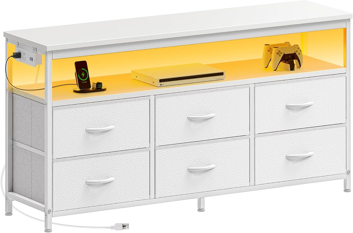 Modern LED TV Stand for Bedroom - 47 Inch Dresser with Storage for 43, 50, and 55 Inch TVs, White Entertainment Center with Power Outlets and 6 Drawer Fabric Dresser for Living Room