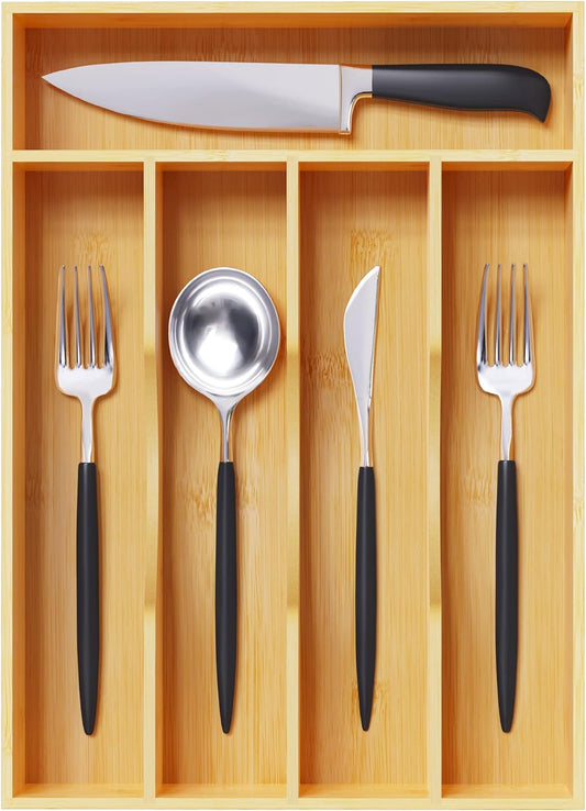 Silverware Organizer 10 in Utensil Organizer Silverware Tray for Drawer Cutlery Flatware Organizer for Kitchen Bamboo Wood