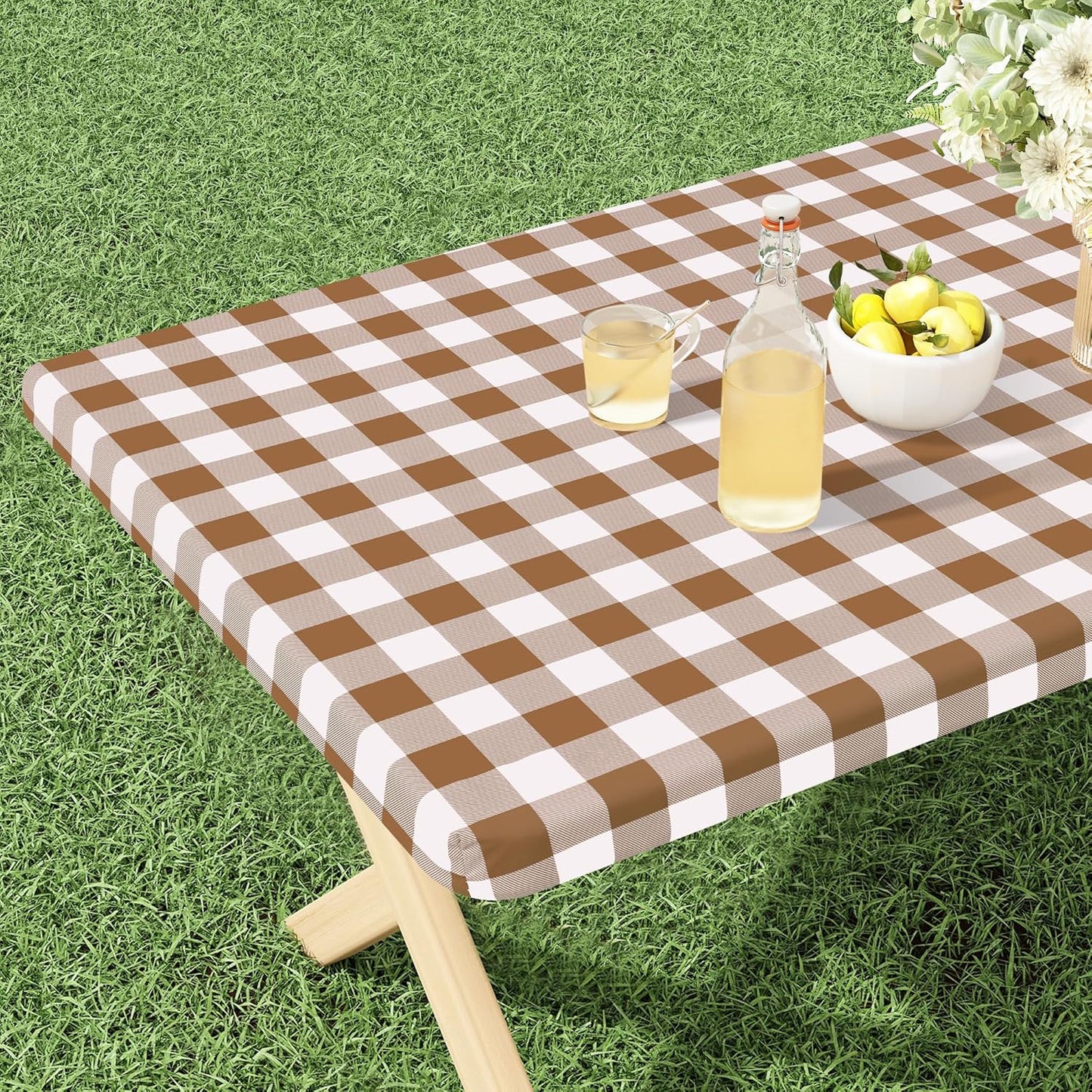 Buffalo Rectangle Picnic Tablecloth, 6 Foot Elastic Fitted Vinyl Table Cloth with Flannel Backing, Waterproof Plaid Table Covers for Dining, Camping, Outdoor (Brown and White, 30" X 72")