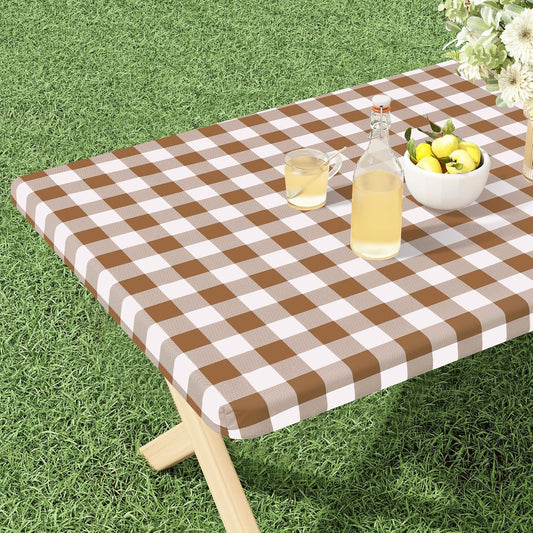 Buffalo Rectangle Picnic Tablecloth, 6 Foot Elastic Fitted Vinyl Table Cloth with Flannel Backing, Waterproof Plaid Table Covers for Dining, Camping, Outdoor (Brown and White, 30" X 72")