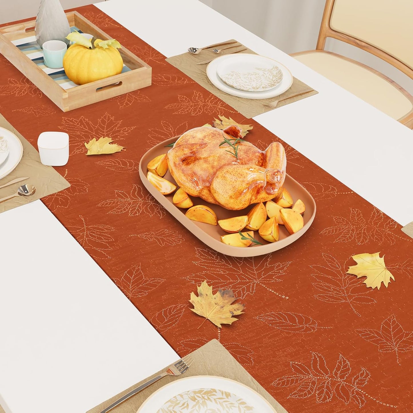 Fall Table Runner - 13X72 Inch Autumn Leaves Damask for Harvest Parties and Thanksgiving Dinner, Rust